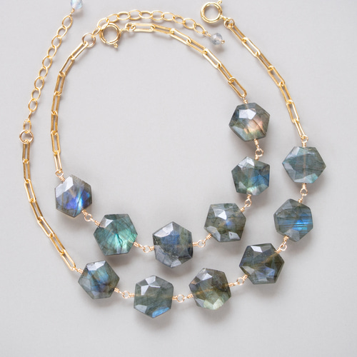 ラブラドライト（ヘキサゴンカット）とレクタングルチェーンの