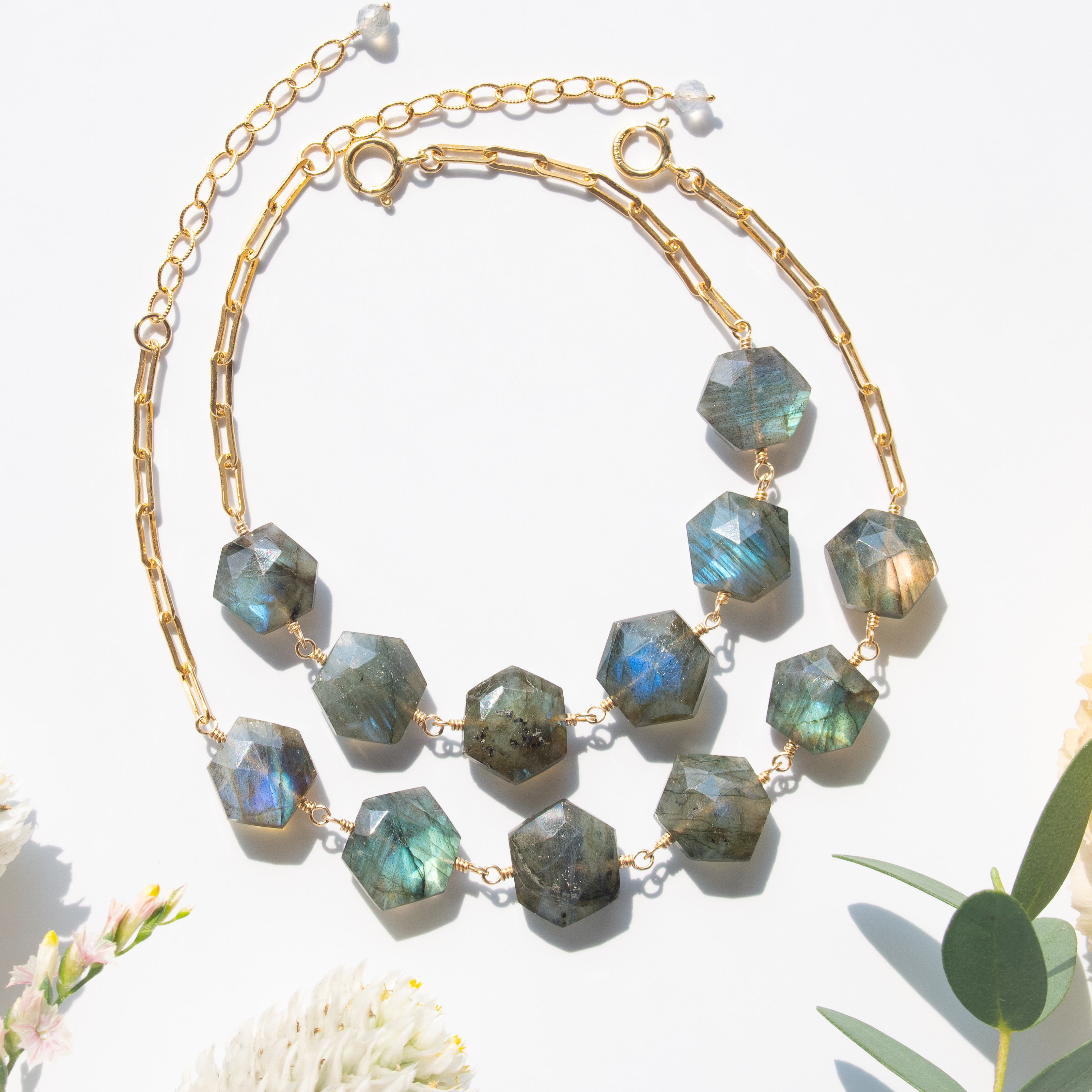 再販 14kgf プラチナルチルとラブラドライトのブレスレット