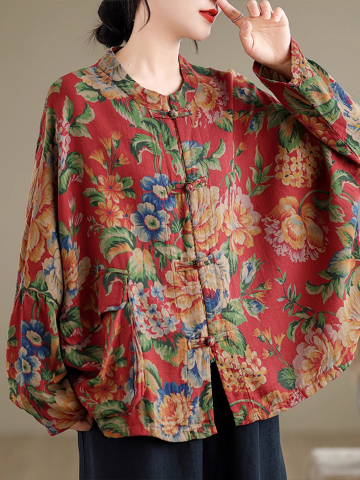 レディース長袖綿麻花柄シャツアウター