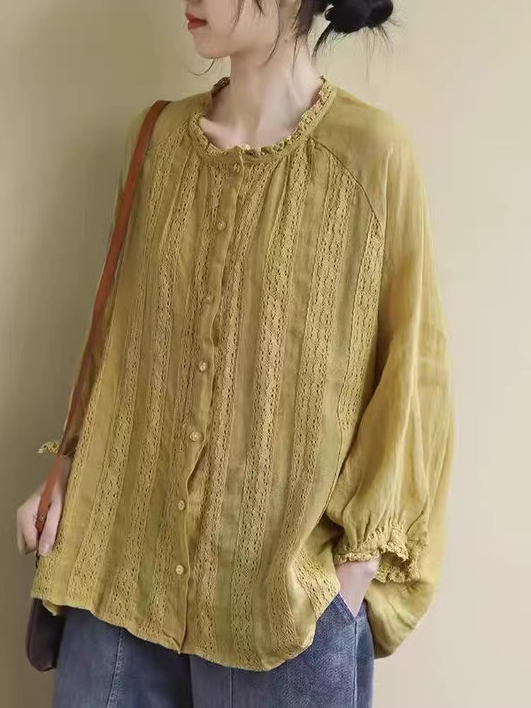 レディース長袖綿レース刺繍ゆったりトップス