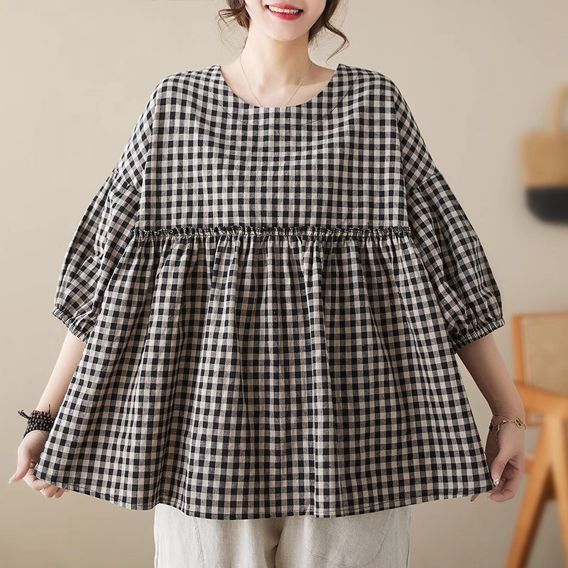 レディース半袖綿麻チェッククルーネックパフスリーブシャツ
