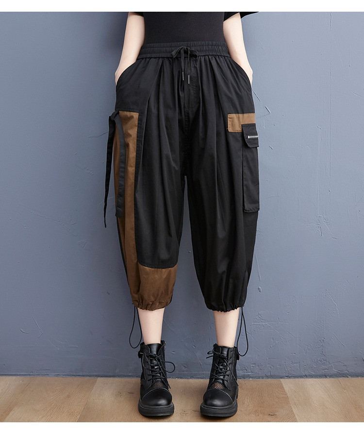 レディース七分丈綿カーゴハイウエストジョガーパンツ