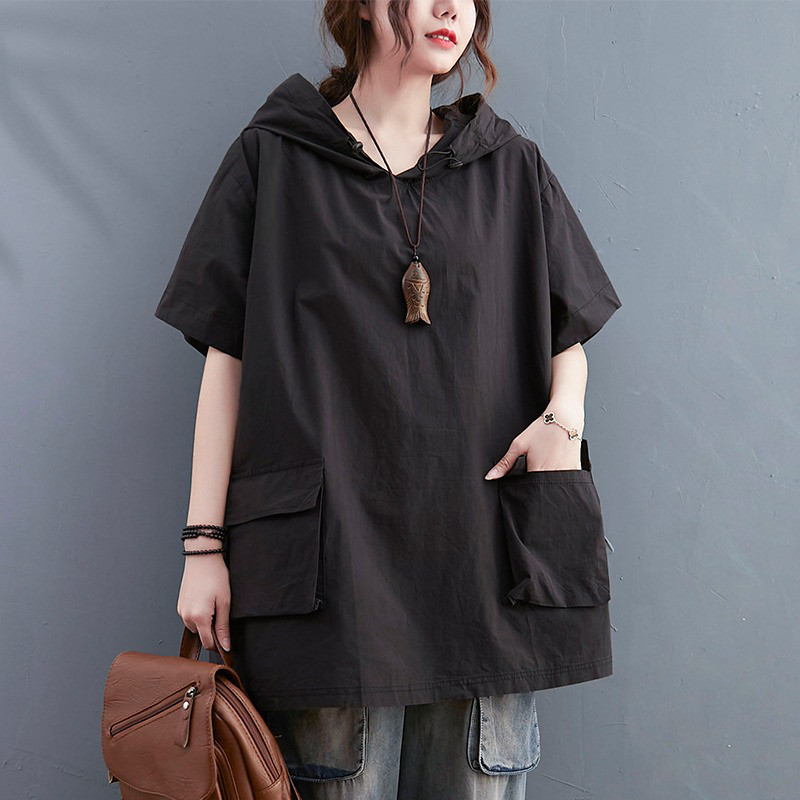 レディース半袖綿切り替えビッグポケットフード付きトップス