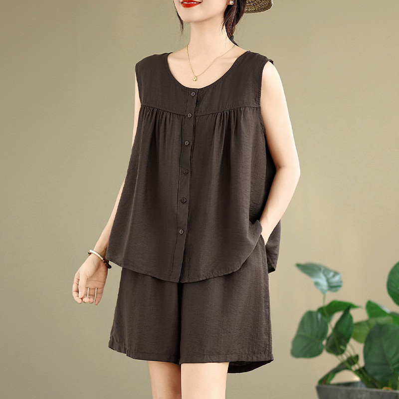 レディースノースリーブ綿麻ワイドショートパンツセットアップ