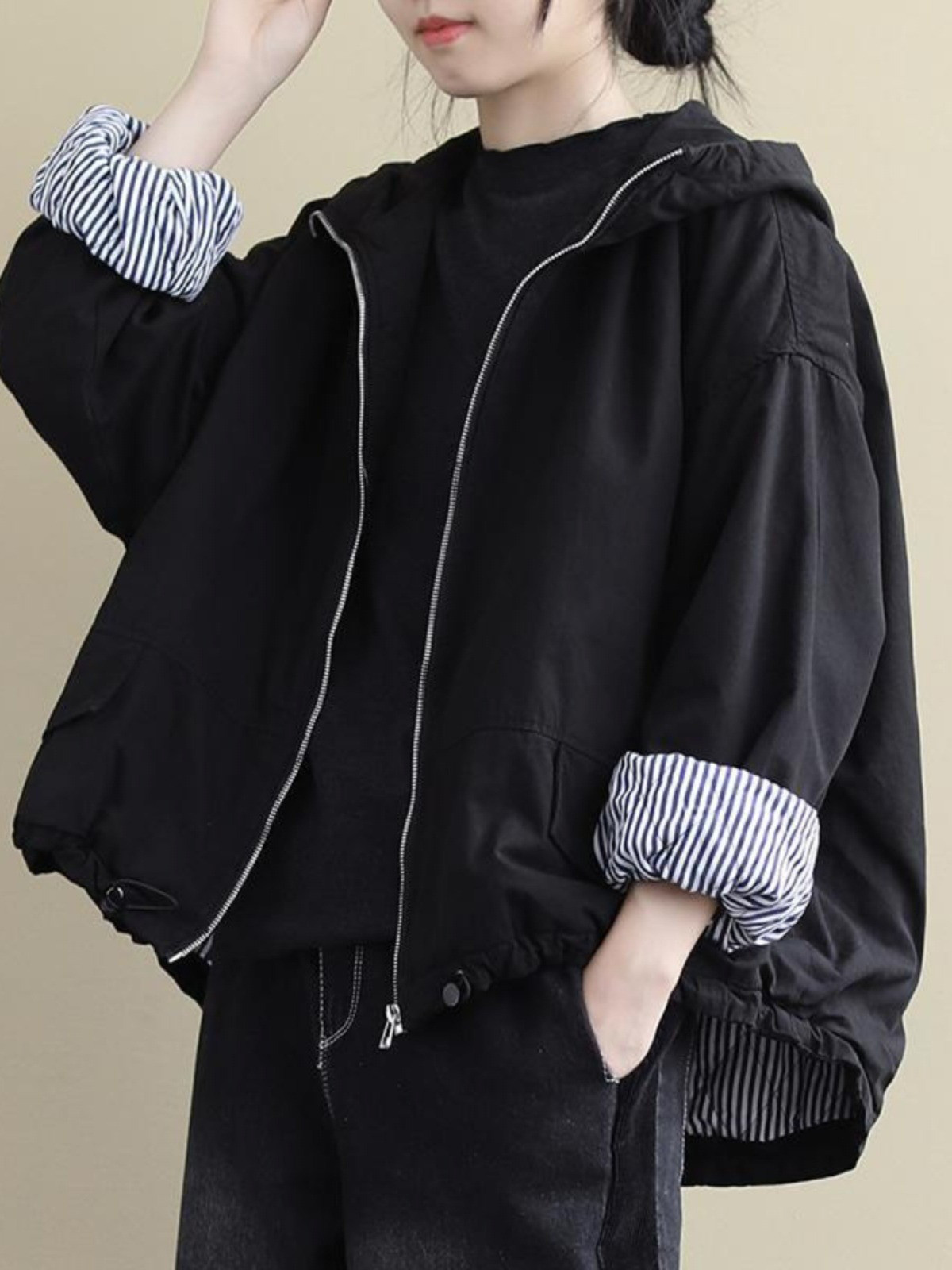 レディース長袖綿フード付き中綿無地保温ジャケット