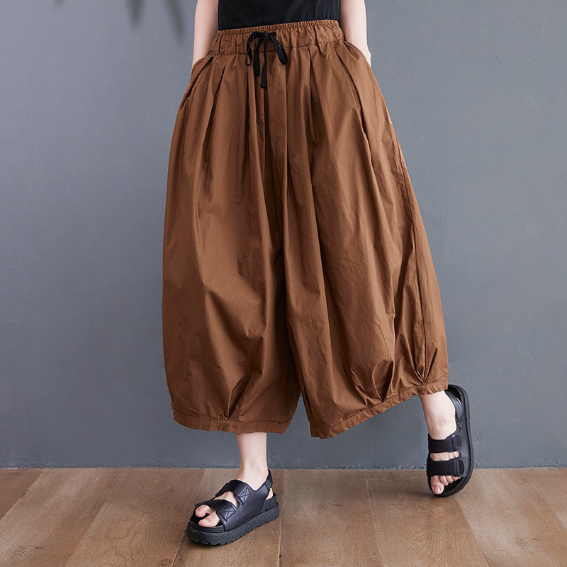 レディース九分丈綿ウエストゴムリボン付きハイウエストワイドスカーチョ