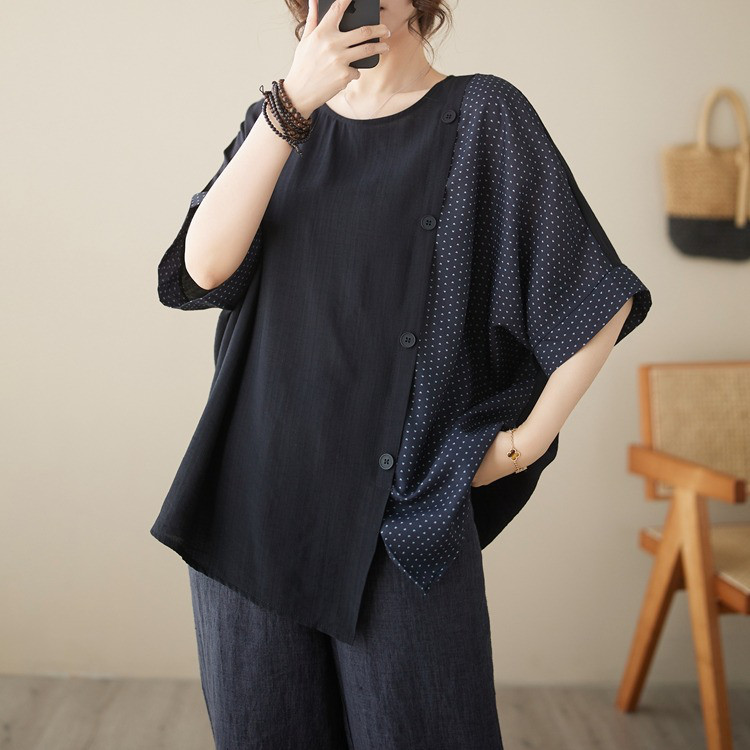 レディース半袖綿麻切り替えゆったりTシャツトップス