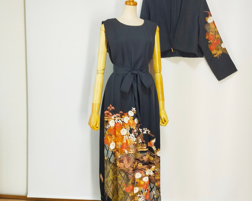 ★黒留袖アンサンブル*フレンチワンピ+ボレロ*着物リメイク正絹作家*2L〜3L㉚ 黒留袖アンサンブル*フレンチワンピース+ショールカラーボレロ