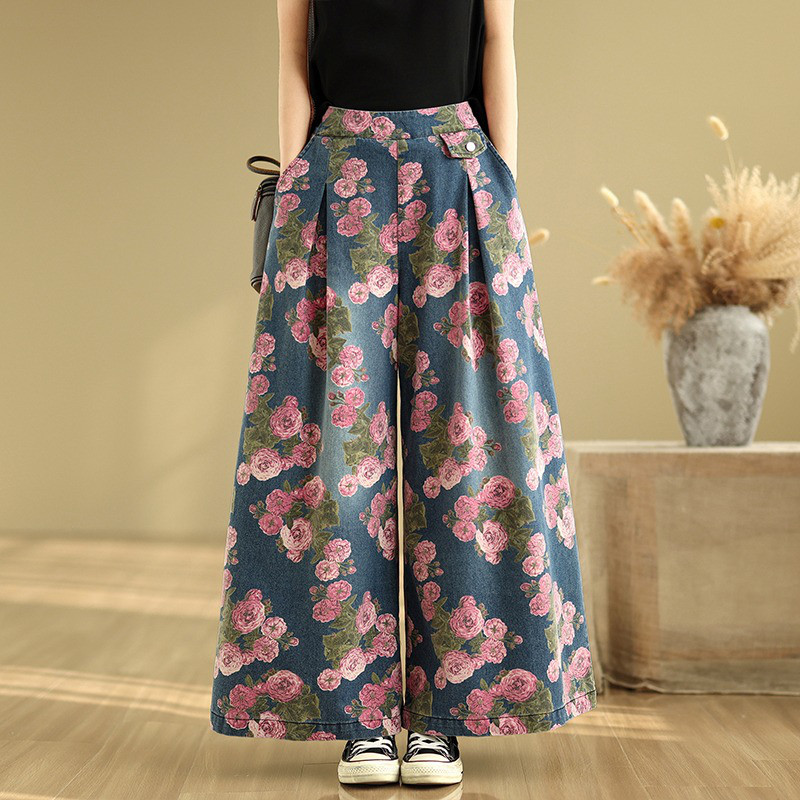 レディースロング丈デニム花柄ゆったりワイドスカーチョ 5,011円