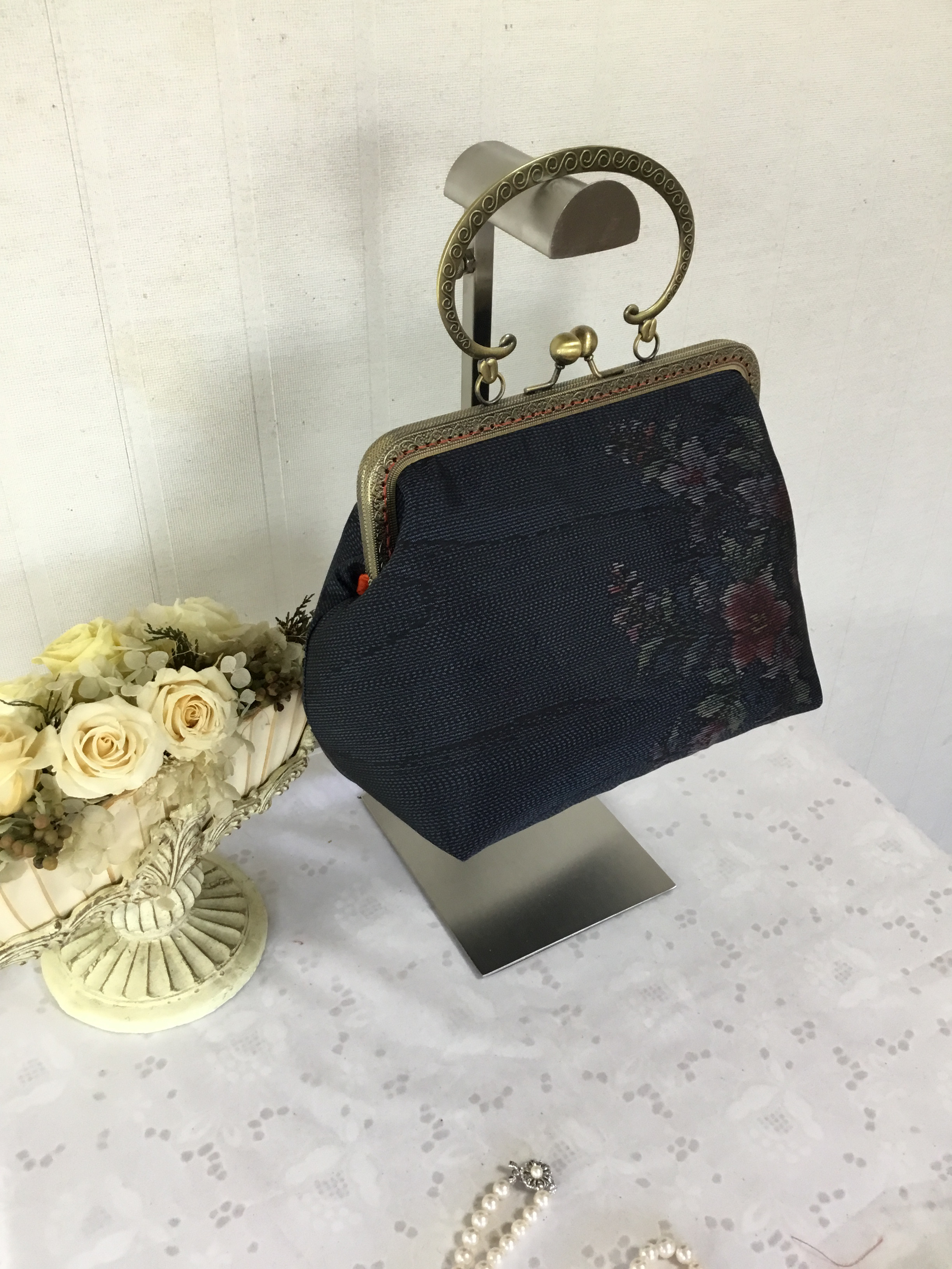 花ぷらら・オリジナル・コロンとがま口バック・ハンドメイド・リメイク・大島紬・カバン・2Way・ちょっと小さめ・456