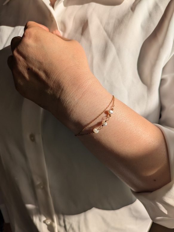 シンプル　ブレスレット　つけっぱなし　サージカルステンレス　ゴールド　極細　チェーン　金属アレルギー対応　華奢　パール　 9枚目の画像