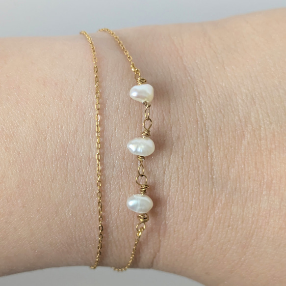シンプル　ブレスレット　つけっぱなし　サージカルステンレス　ゴールド　極細　チェーン　金属アレルギー対応　華奢　パール　 8枚目の画像