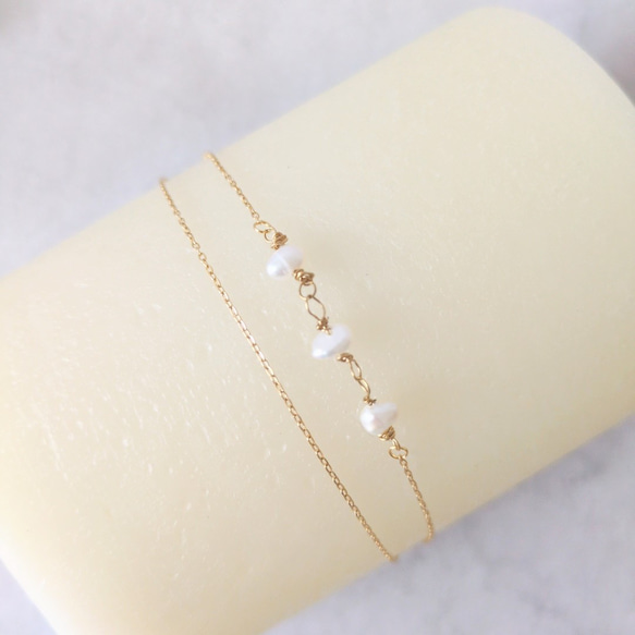 シンプル　ブレスレット　つけっぱなし　サージカルステンレス　ゴールド　極細　チェーン　金属アレルギー対応　華奢　パール　 4枚目の画像