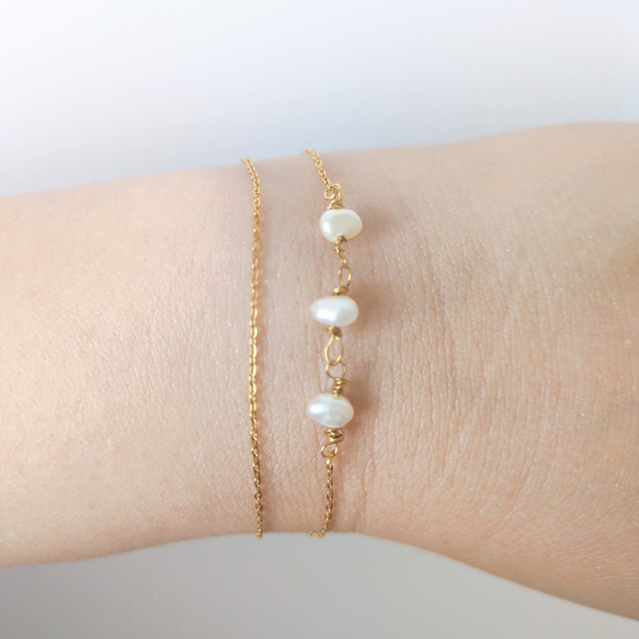 シンプル　ブレスレット　つけっぱなし　サージカルステンレス　ゴールド　極細　チェーン　金属アレルギー対応　華奢　パール　 2枚目の画像