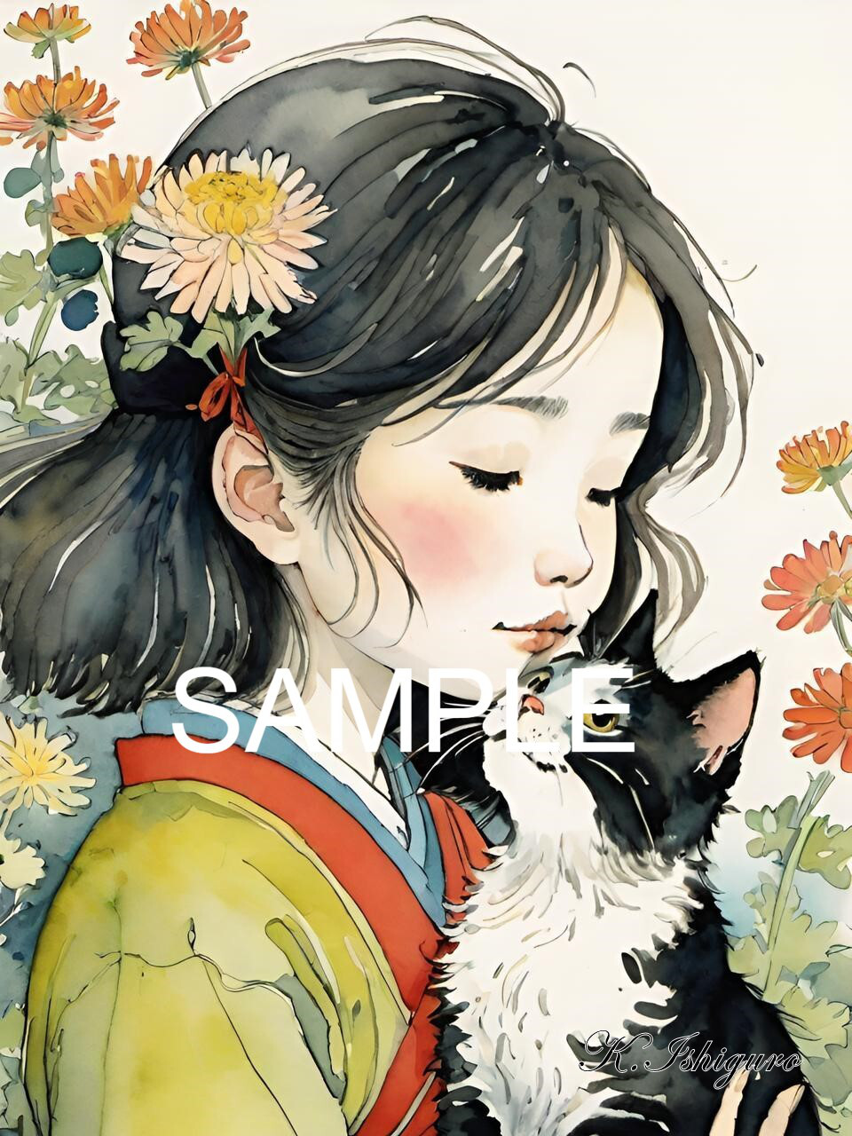 A4 少女と花の手描きイラスト