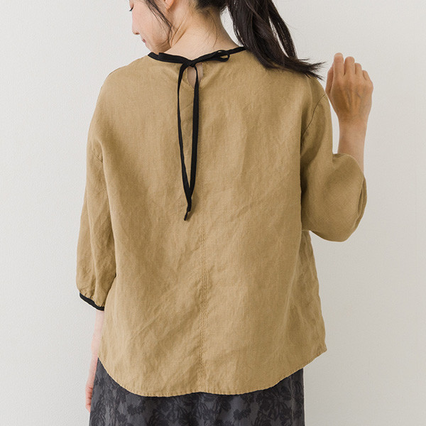 【30％OFF】リネン100％ バイカラーバックリボン 7分袖ブラウス