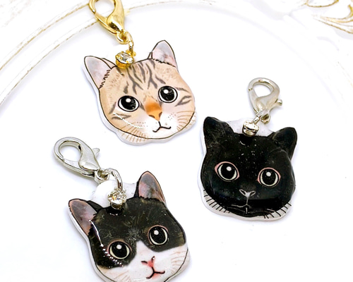 猫 顔 ストラップチャーム キジトラ ハチワレ 黒 クロ ネコ 茶トラ