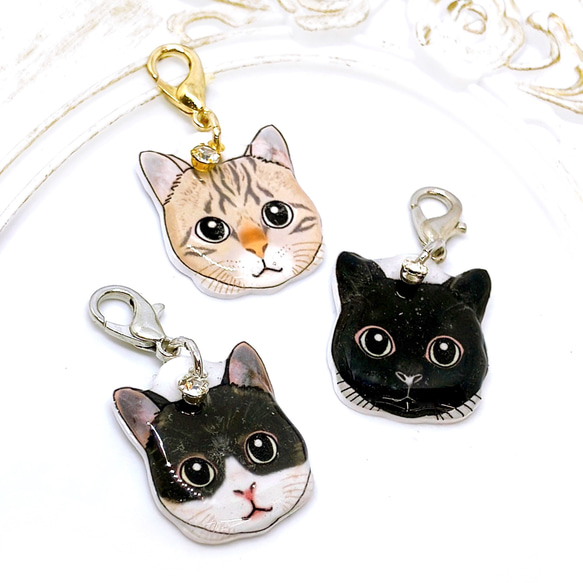猫 顔 ストラップチャーム キジトラ ハチワレ 黒 クロ ネコ 茶トラ