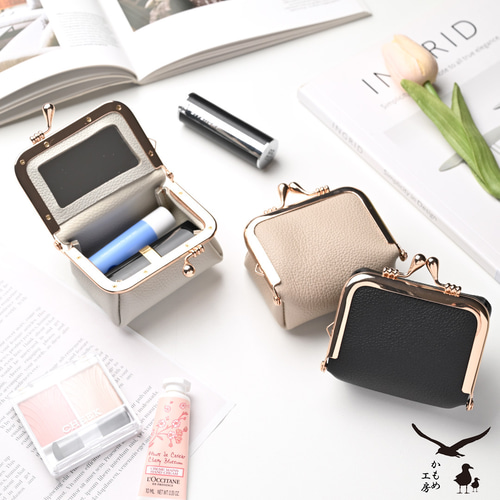 ボックス型がま口ポーチ ミラー付き 【 シュリンクレザー 】 本革 小物