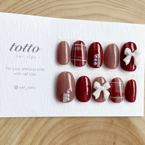 チェックネイル/リボンネイル/赤/ピンク/秋ネイル/冬ネイル/くすみ