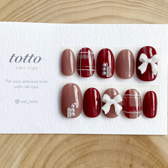 チェックネイル/リボンネイル/赤/ピンク/秋ネイル/冬ネイル/くすみ