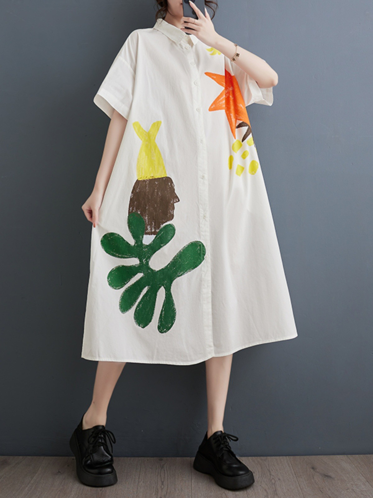 レディース半袖綿切り替え花柄シャツワンピース