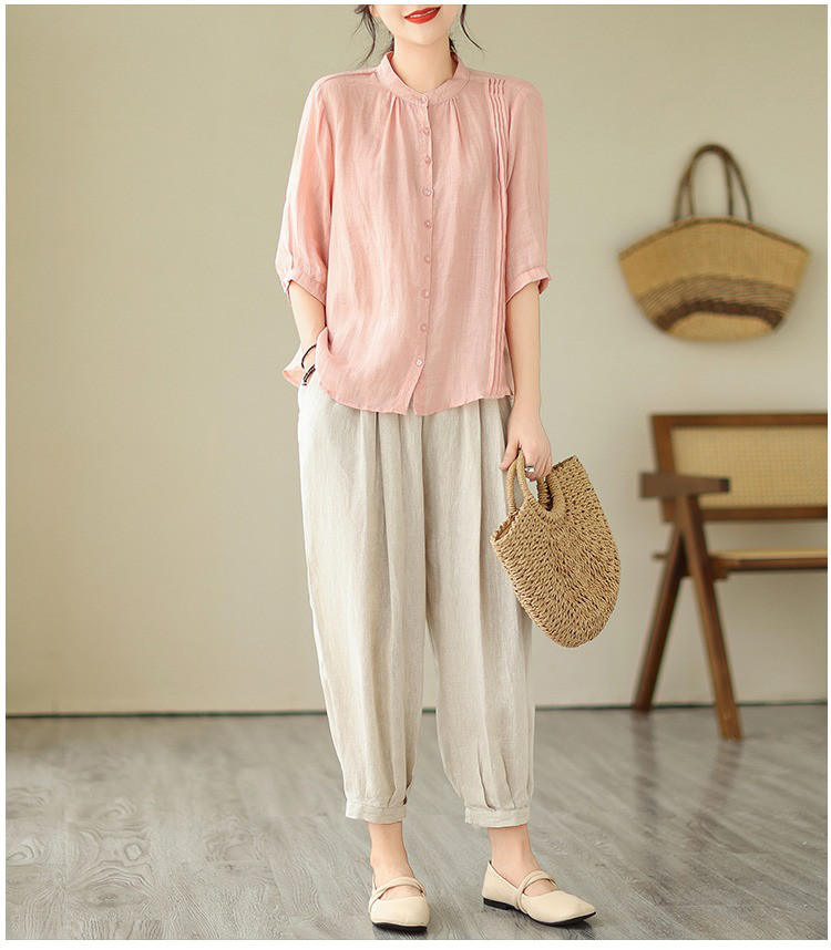 レディース半袖綿麻トップス＆ショートパンツセットアップ