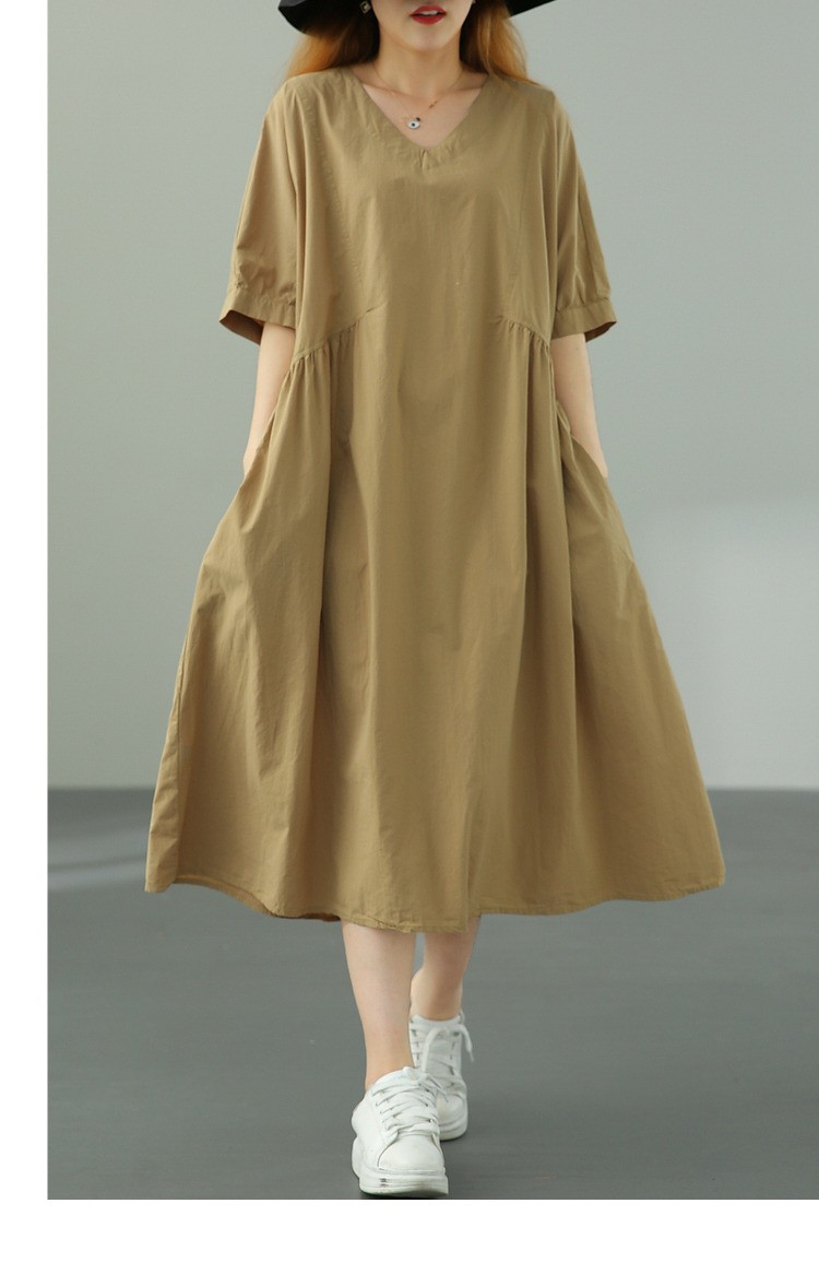 レディース半袖綿Vネックギャザー入りフレアワンピース