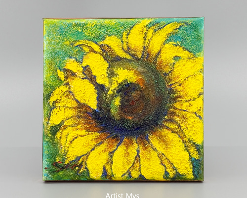 ひまわりの原画｜明るいアクリル絵 15×15cm｜インテリアアート MYS-006