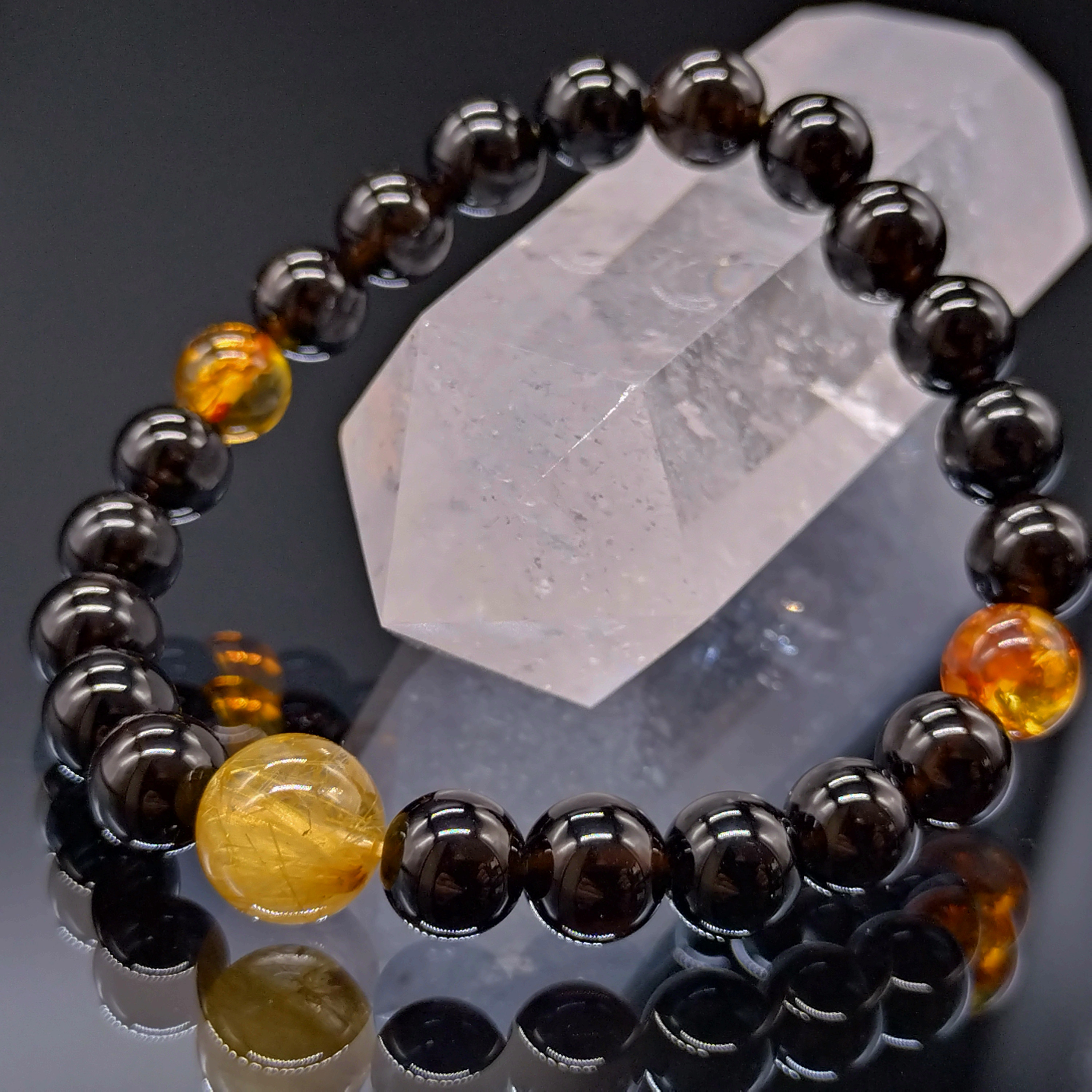 モリオン・ゴールドルチルクォーツ・アンバー(琥珀)・8mm【親玉11mm・高品質】ブレスレット