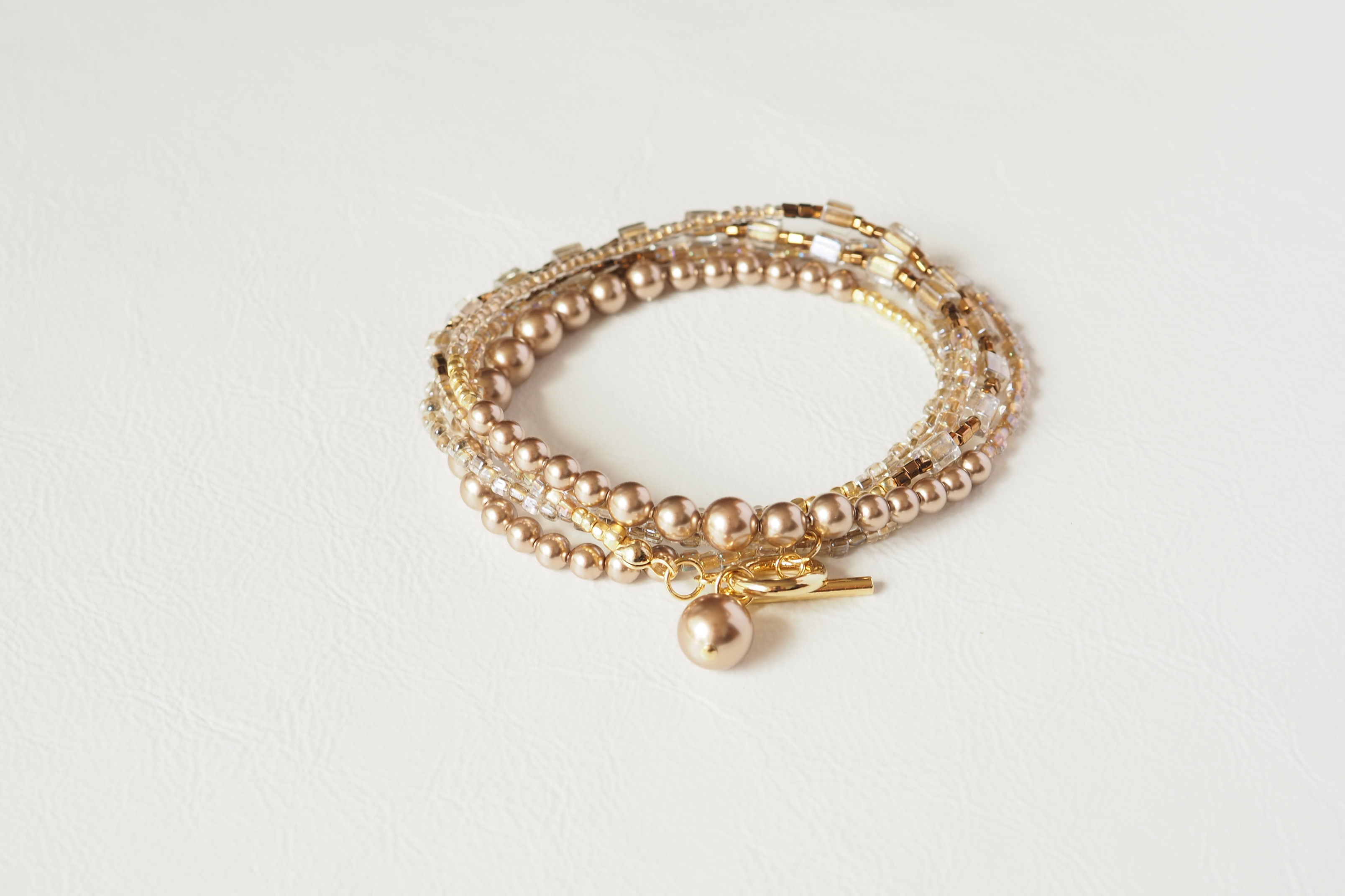 【4way】ブラウンパールグラデーション＋うるつやビーズMIX マンテル Y字 パールネックレス　5連ブレスレット　秋色