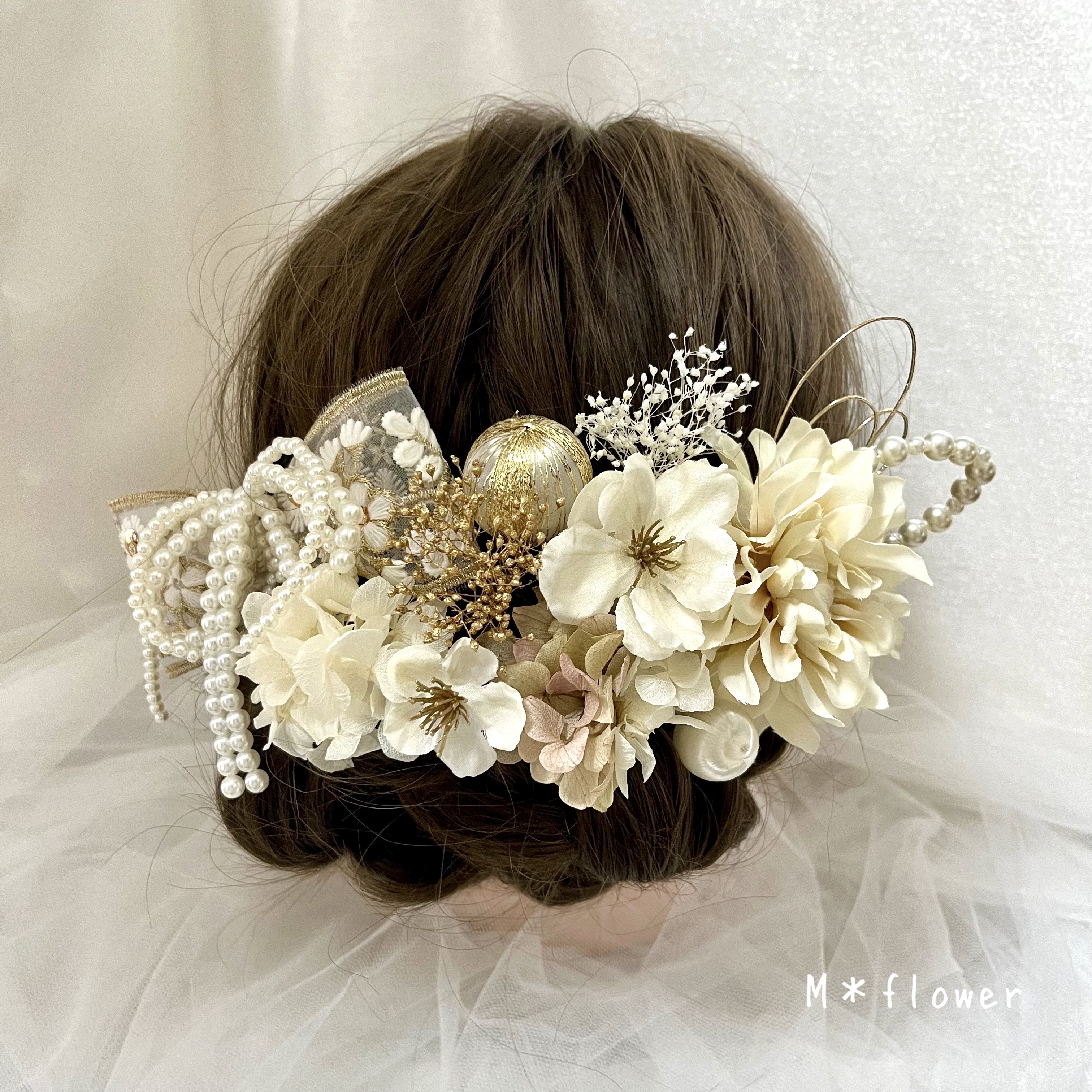 《送料無料》＊ダリア×刺繍リボン×パールの髪飾り＊成人式 卒業式 結婚式 水引