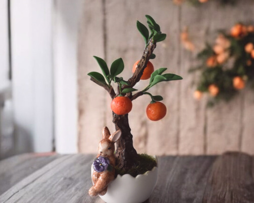 ◇粘土のお花◇ 小さな金柑（きんかん） 盆栽 S1284（ミニサイズ