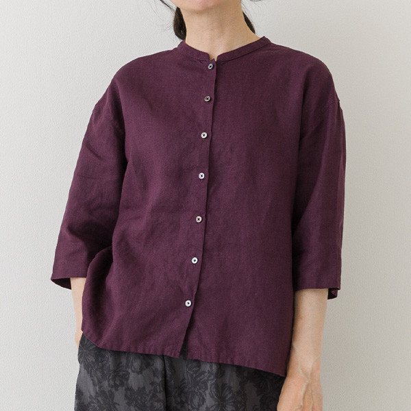 【30％OFF】リネン100％ バンドカラー7分袖ブラウス