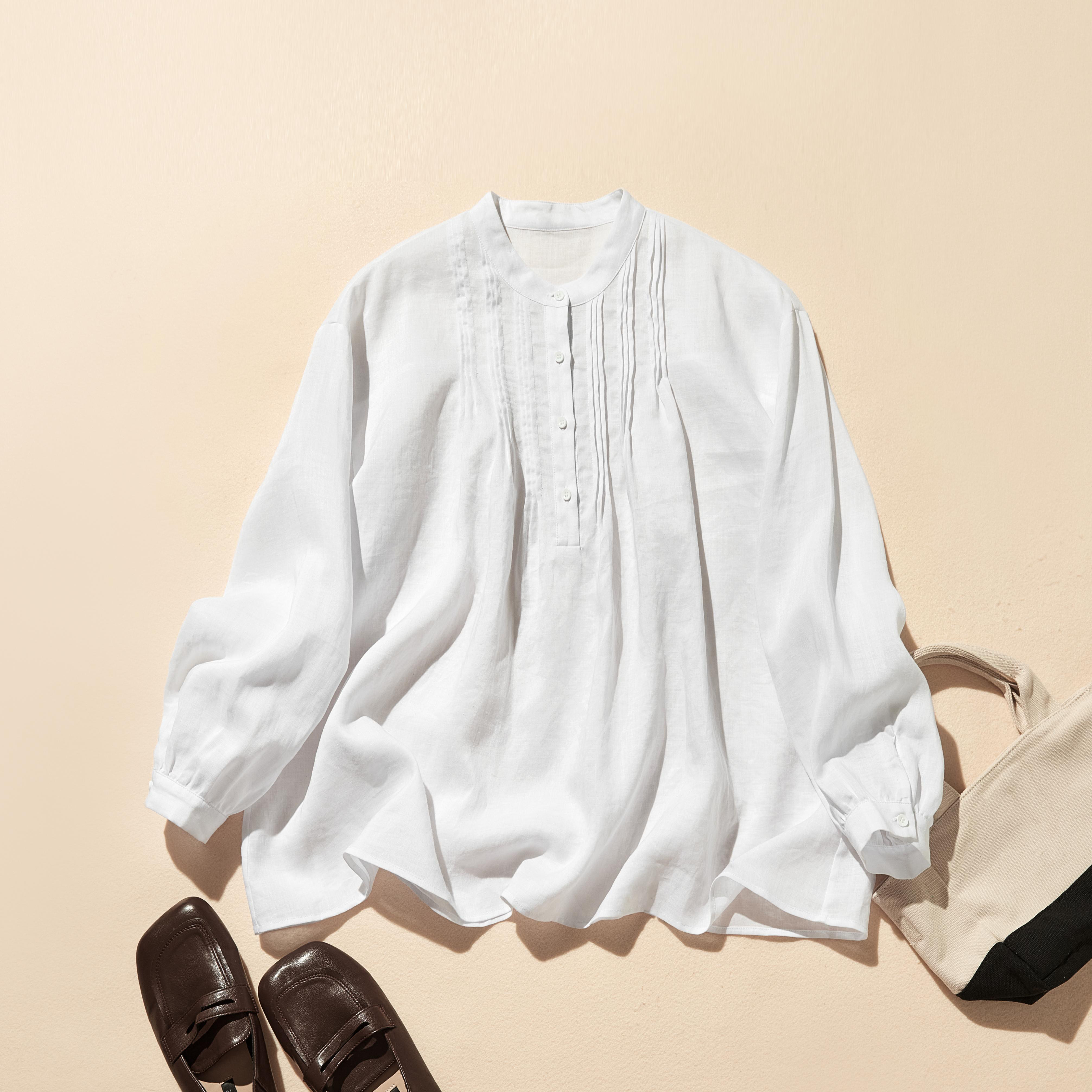 日常に彩りを添えるリネン シャツブラウス　長袖シャツ　リネン100％　ホワイト　250813-1