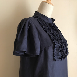 フレンチリネン黒で作ったハイネックフレアマキシワンピース