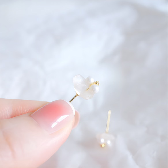 新作　一点物　天然石　大人可愛い　普段使い　お守り　お花　パール　ローズクォーツ　ステンレス　ピアス 6枚目の画像