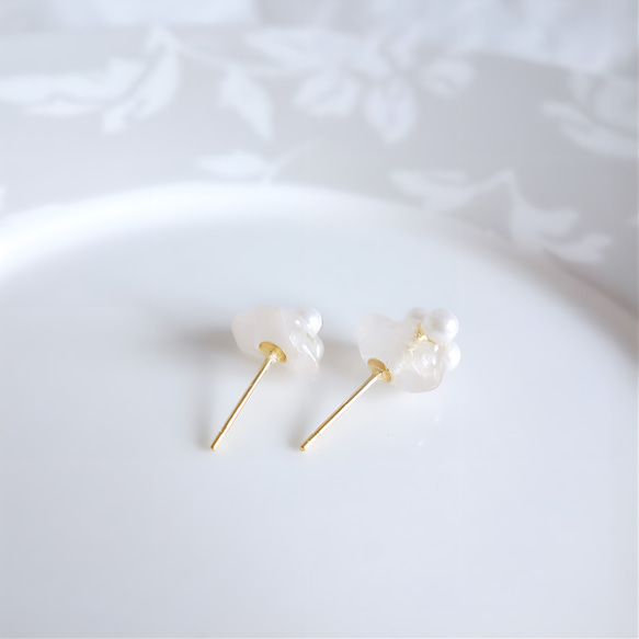 新作　一点物　天然石　大人可愛い　普段使い　お守り　お花　パール　ローズクォーツ　ステンレス　ピアス 4枚目の画像