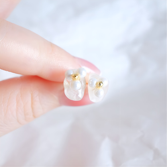 新作　一点物　天然石　大人可愛い　普段使い　お守り　お花　パール　ローズクォーツ　ステンレス　ピアス 5枚目の画像