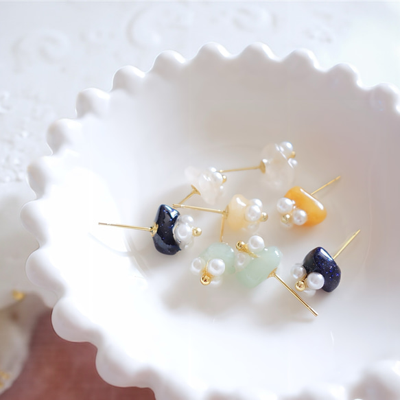 新作　一点物　天然石　大人可愛い　普段使い　お守り　お花　パール　ローズクォーツ　ステンレス　ピアス 10枚目の画像