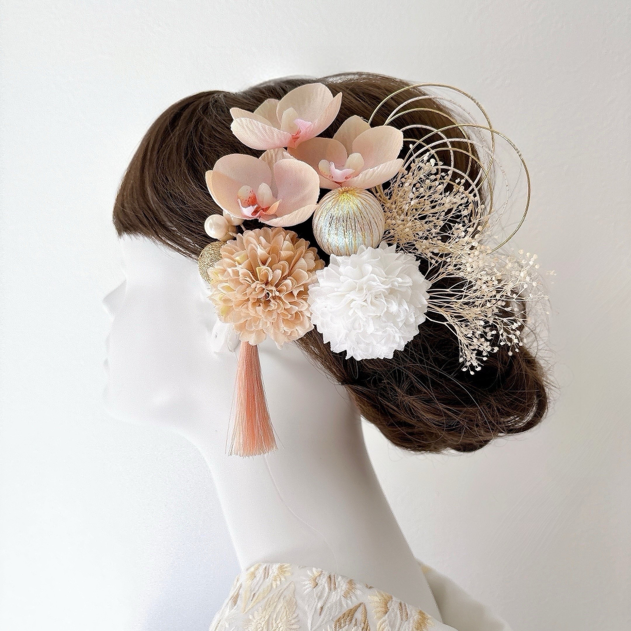 胡蝶蘭 髪飾り ピーチ×白 13点セット 成人式 前撮り 卒業式 結婚式 七五三