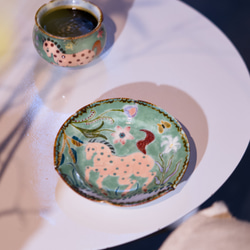 緑色 陶器製茶碗 彫刻模様 色絵 松竹梅茶碗 (共箱)今岡都 - 茶道具販売 栗林園