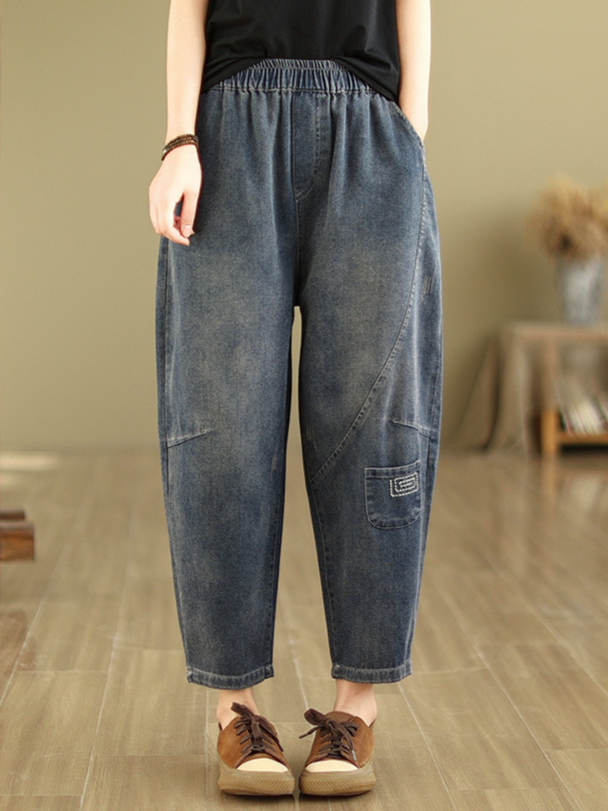 レディース九分丈デニム刺繍サルエルパンツ