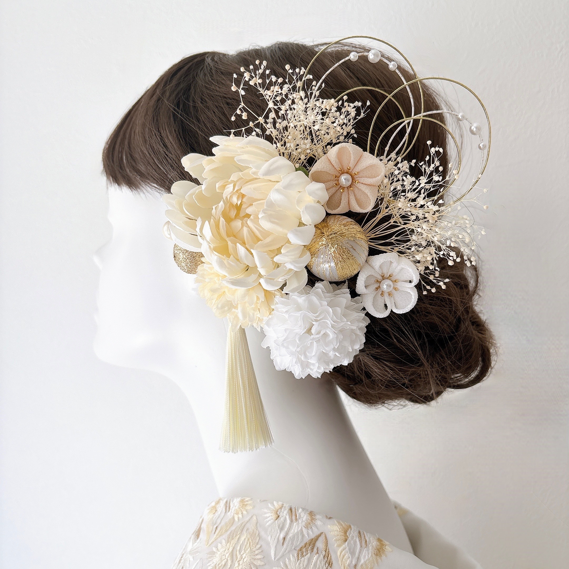 菊 髪飾り アイボリー×白 13点セット 成人式 前撮り 卒業式 結婚式 七五三