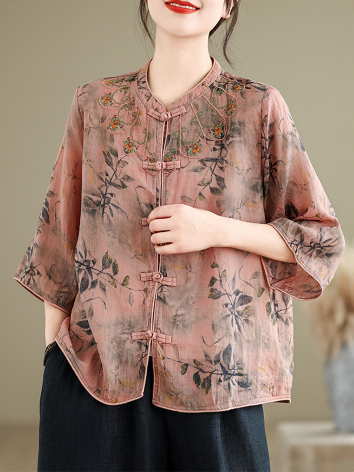 レディース半袖綿刺繍花柄シャツトップス