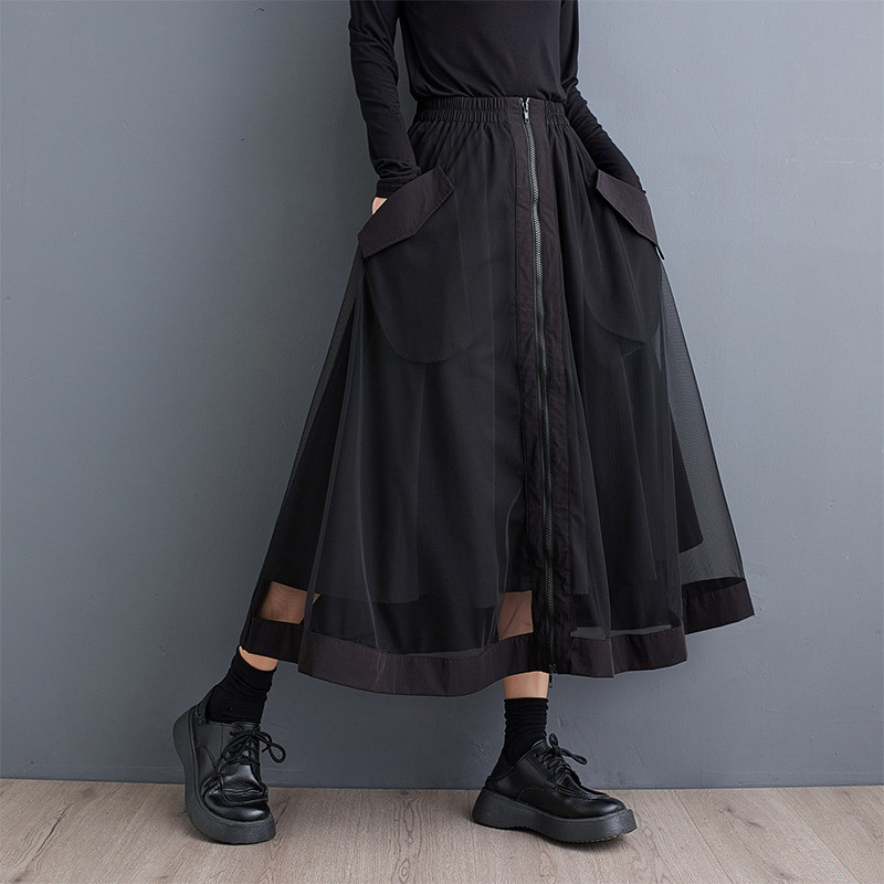 レディーススカートチュールビッグポケットファスナー付きAラインスカート