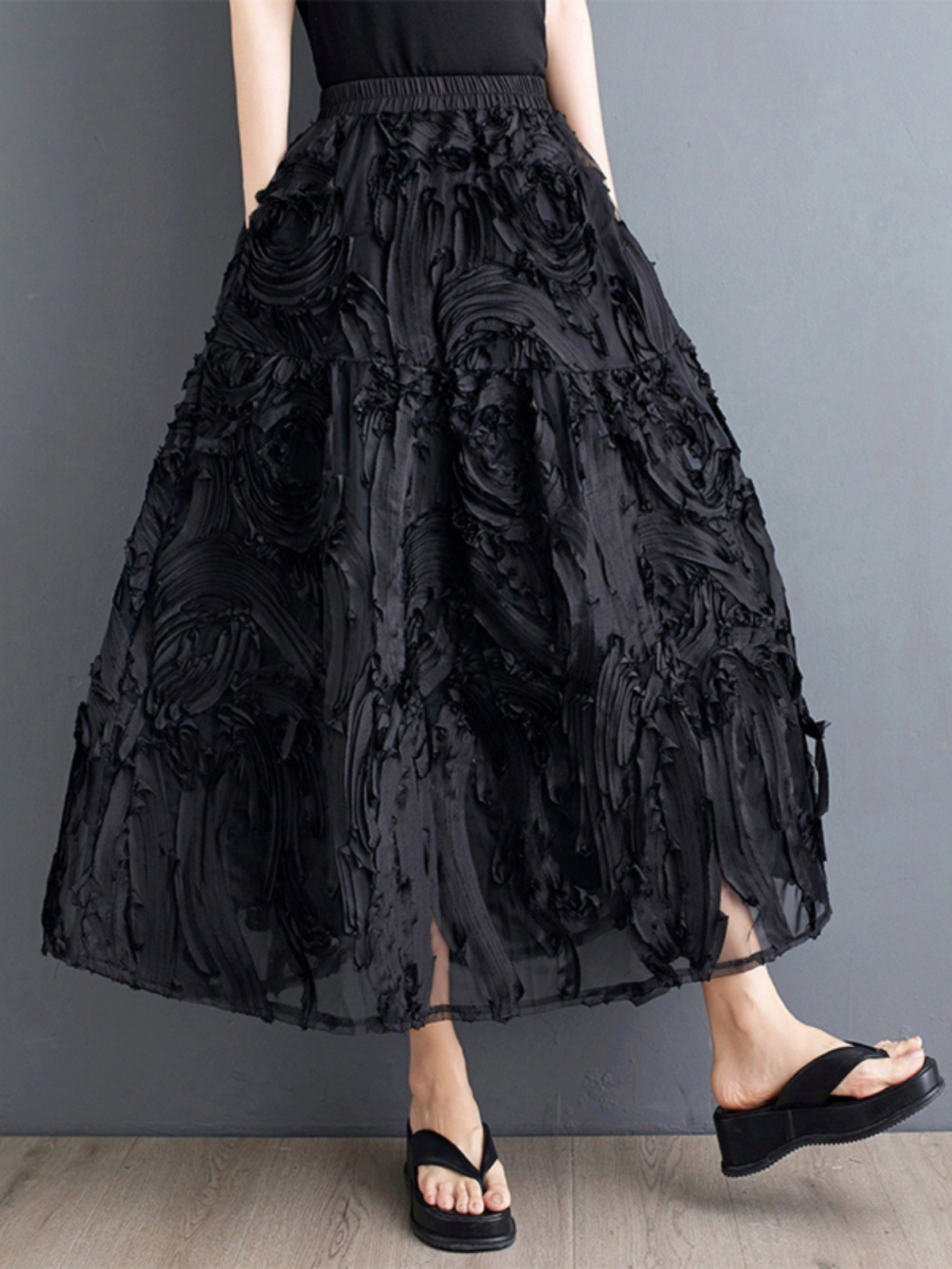 レディーススカート綿プリーツブラックAラインスカート