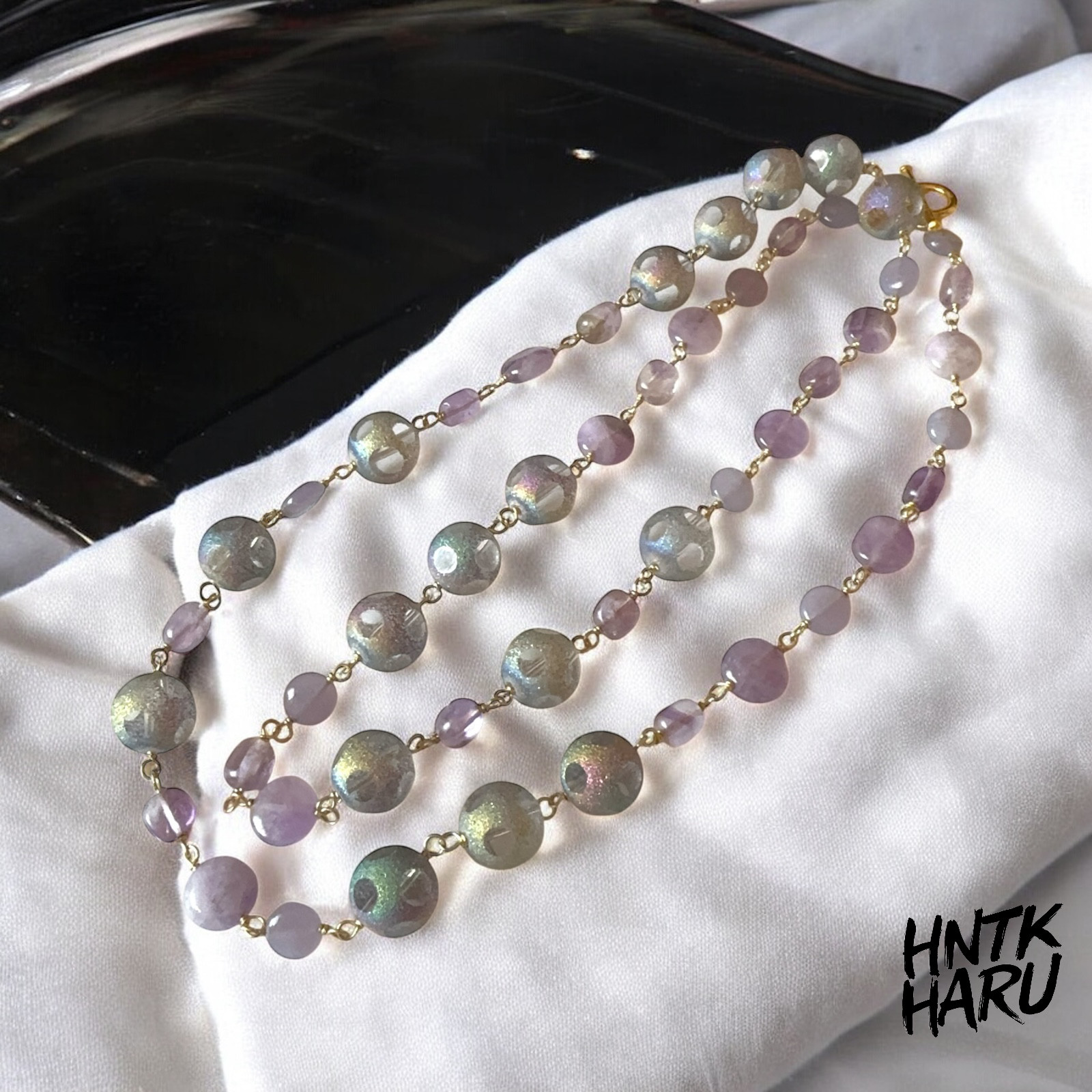 HNTK ラベンダーアメジスト＆水玉ガラスビーズ ロングネックレス　N0779