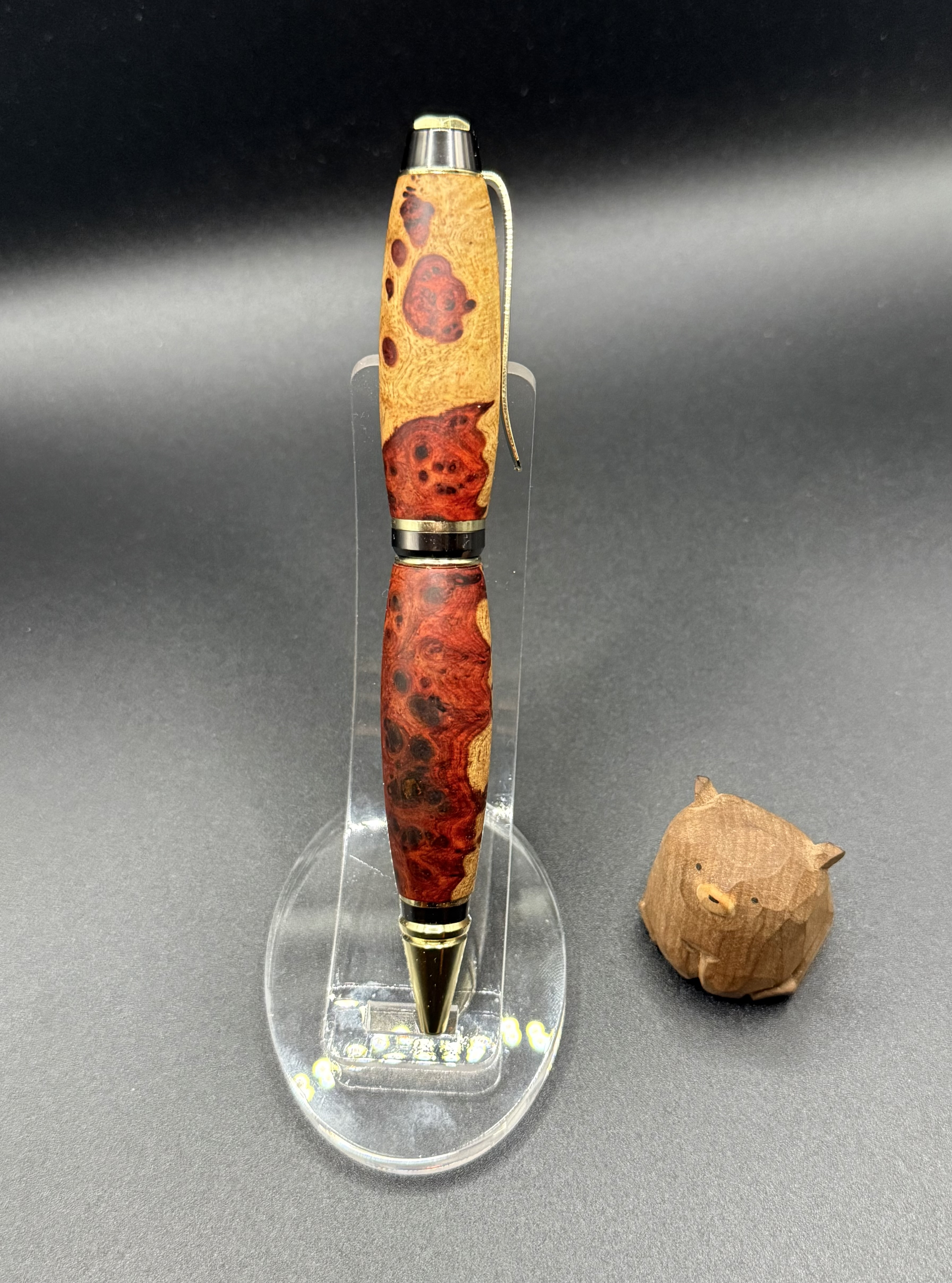 ツイスト式木軸ペン『アンボイナバール源平』花梨瘤紅白源平