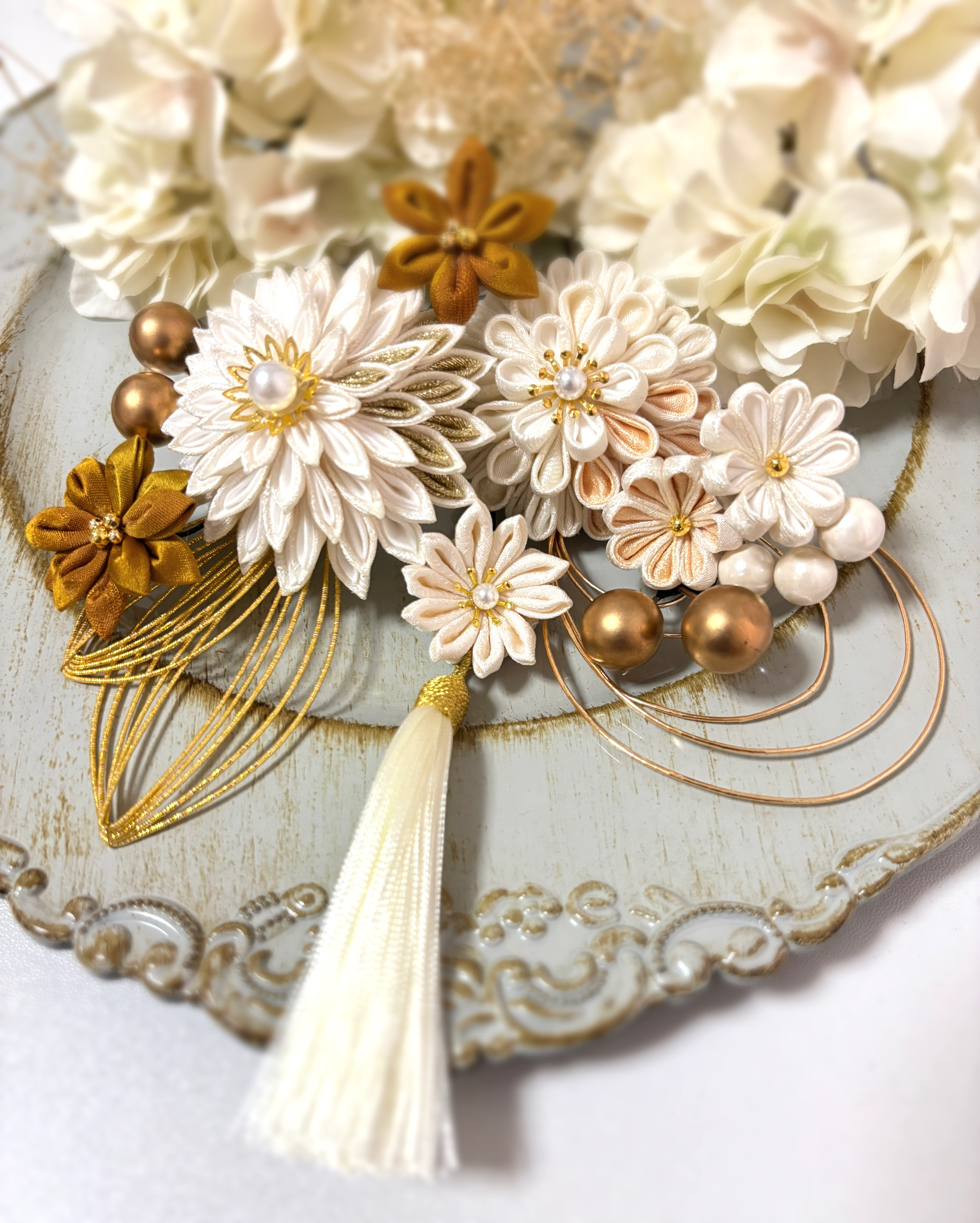 つまみ細工髪飾り10点セット【White】